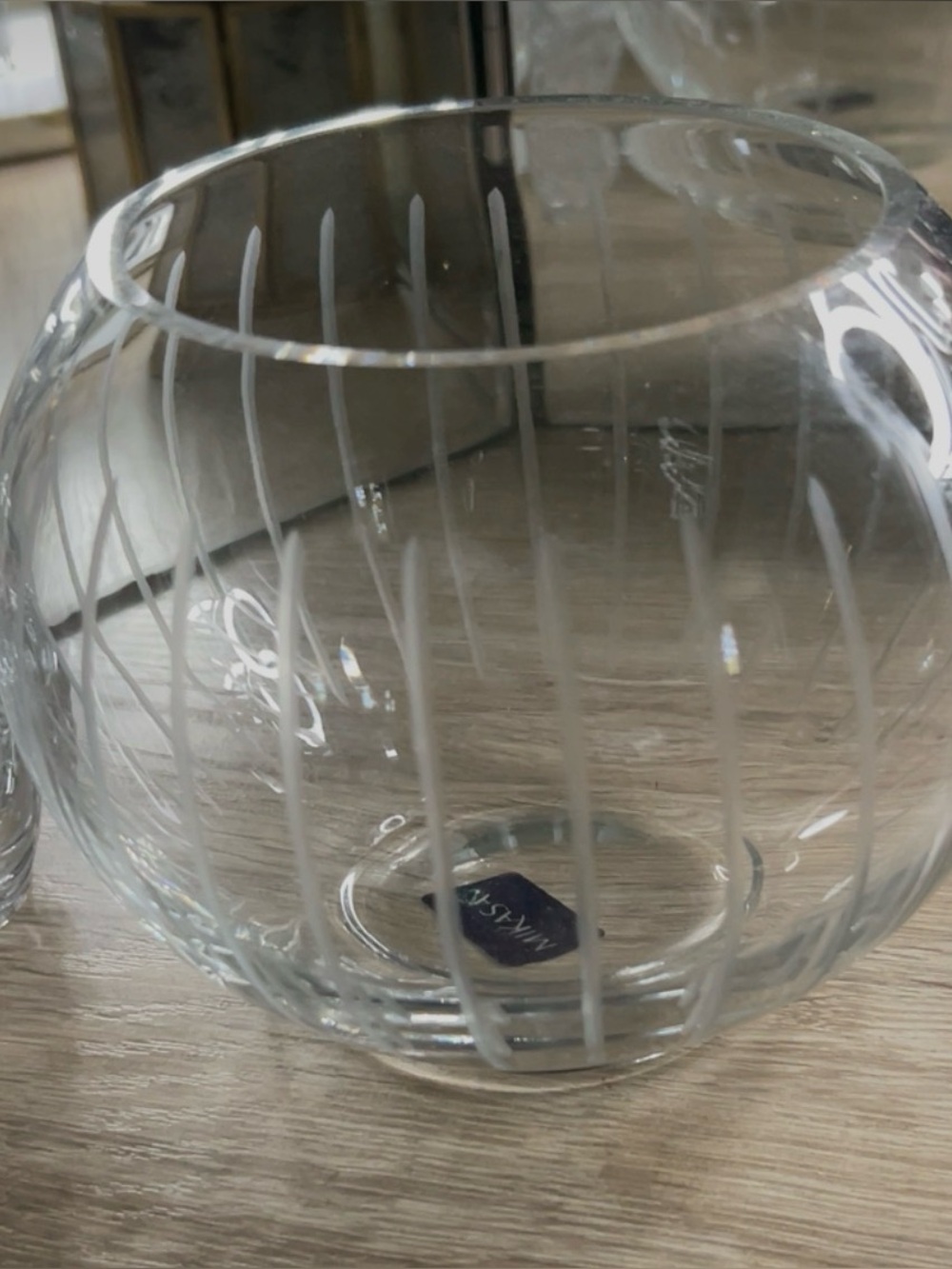 Mikasa Clear Glass Round Vase with Stripe Etching Design